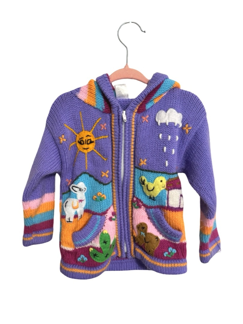 Kids Peruvian Alpaca Wool Hooded Zip Up Sweater 3D Embroidered Estimated Size 3T
